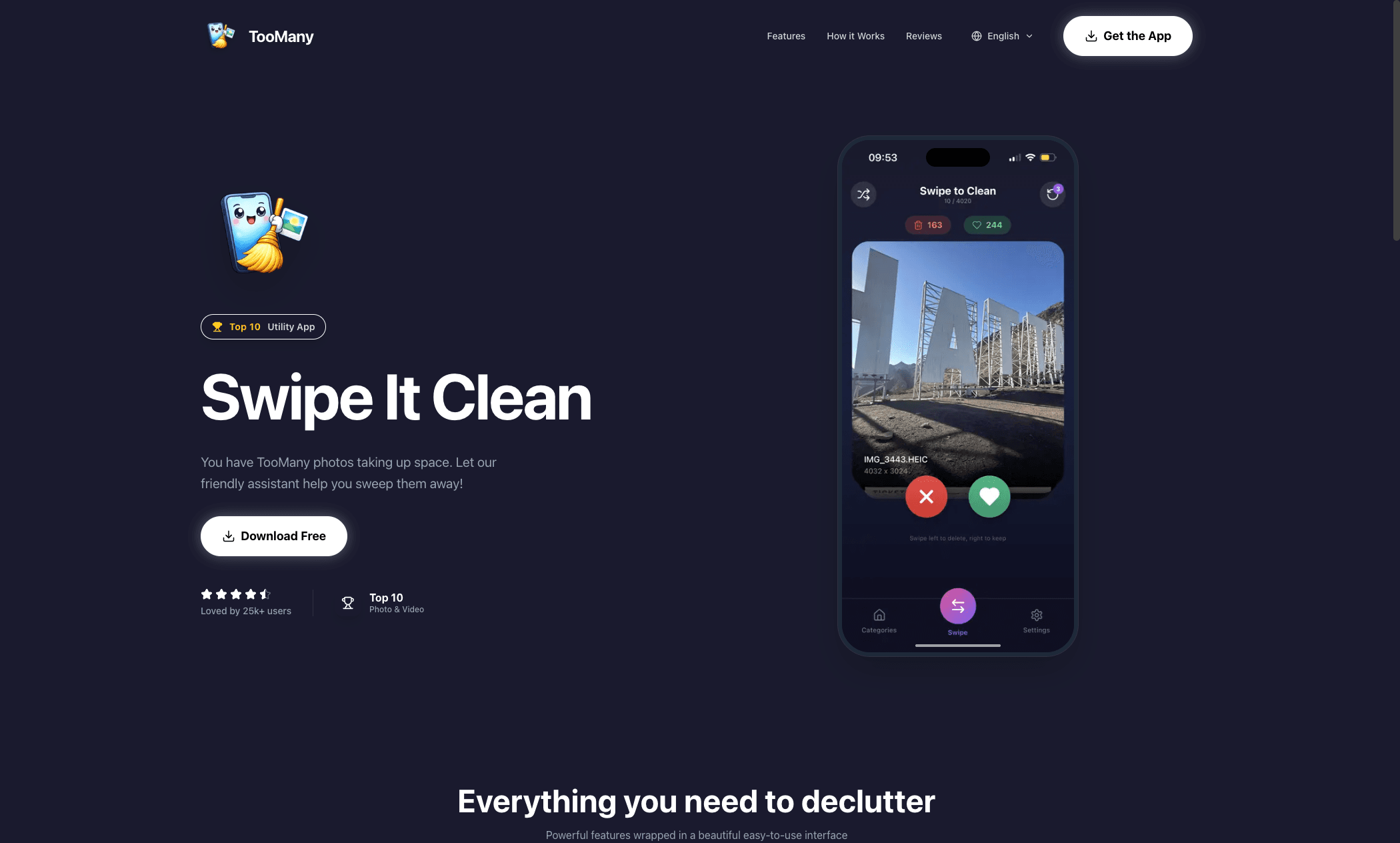 TooMany app interface showing swipe to clean functionality